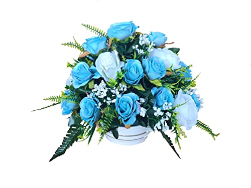 DRW Zentrum für künstliche Blumen Friedhof, Heiligen, Jubiläen, Runde Blaue und weiße Rosen, 40 cm Durchmesser x 33 cm Höhe von DRW