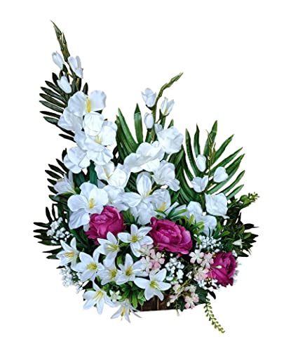 DRW Zentrum für künstliche Blumen Friedhof, Heiligen, Jubiläen, Runde lila Rosen und Gladiolen 50 cm x 60 cm Höhe x 25 cm von DRW