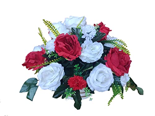 DRW Zentrum für künstliche Blumen Friedhof, Heiligen, Jubiläen, Runde weiße und rote Rosen, 45 cm Durchmesser x 35 cm Höhe von DRW