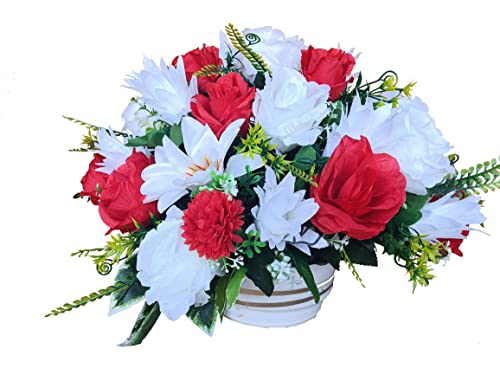 DRW Zentrum für künstliche Blumen Friedhof, Heiligen, Jubiläen, Runde weiße und rote Rosen und Nelken 45 cm Durchmesser x 35 cm Höhe von DRW