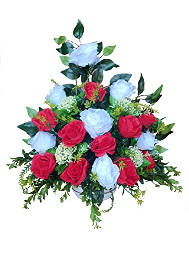 DRW Zentrum für künstliche Blumen Friedhof, Heiligen, Jubiläen, weiße und rote Rosen, 55 cm breit x 60 cm hoch x 25 cm tief (ca.) von DRW