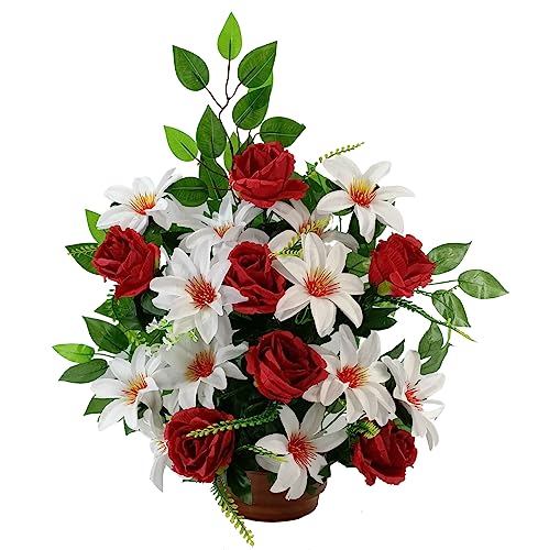 DRW Weißes und rotes Kunstblumenzentrum für weißen Friedhof Kirchen Hochzeiten Blumenzentrum für Heilige 62x60x25 cm von DRW