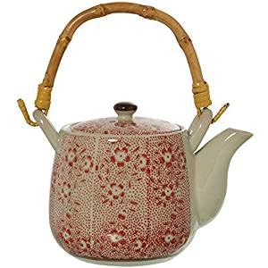 Keramische Teekanne mit Sieb aus Edelstahl mit roten Blumen und Holzgriff, 17 x 10,5 x 10,5/18 cm, Fassungsvermögen: 350 ml von DRW