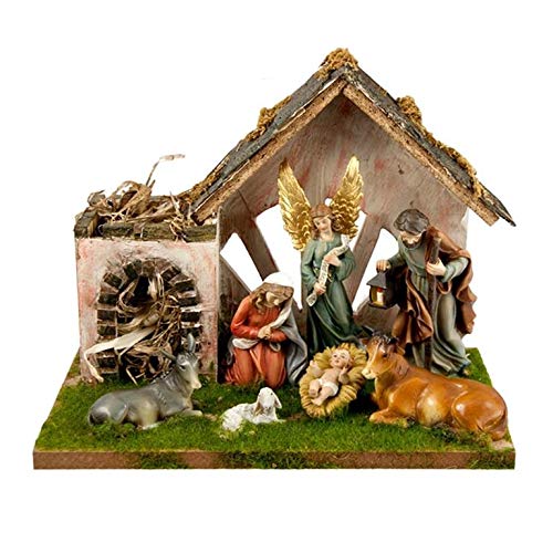 Klassische Weihnachtskrippe mit Tor aus Holz und Kunstharz, 29 x 23 cm von DRW