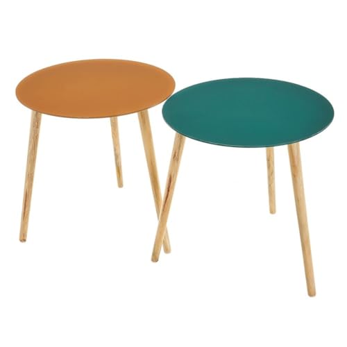 Set mit 2 Beistelltischen aus Holz und Glas in Gelb-Grün und Natur von DRW