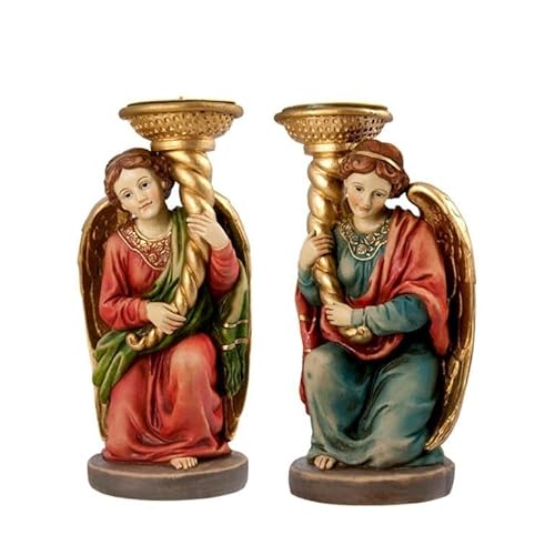Set mit 2 Kerzenleuchtern mit Engelchen aus Kunstharz, handbemalt, 9 x 8 x 19 cm von DRW