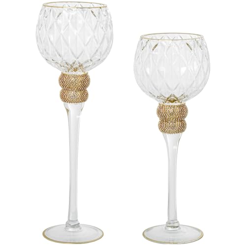 DRW Set mit 2 Teelichtgläsern aus transparentem Glas und Goldrand, Ø 10 x 36 + Ø 10 x 40 cm DRW Set mit 2 Teelichtgläsern aus transparentem Glas und Goldrand, Ø 10 x 36 + Ø 10 x 40 cm von DRW