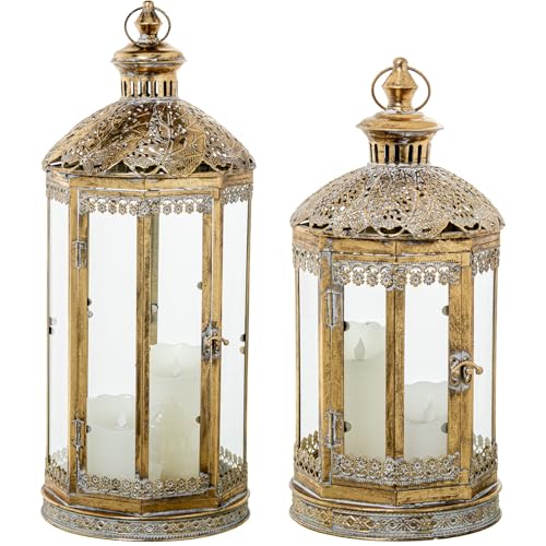 Set mit 2 Windlichtern aus vergoldetem Metall, 27 x 27 x 67 cm Set mit 2 Windlichtern aus vergoldetem Metall, 27 x 27 x 67 cm von DRW
