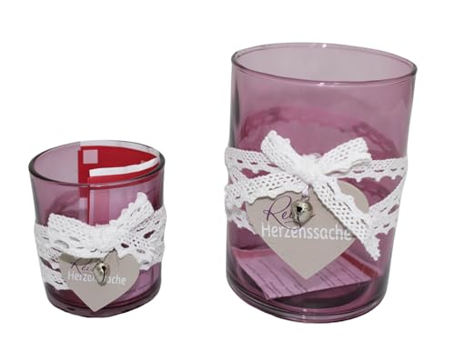 Set mit 2 runden Kerzenhaltern aus Glas mit Herz aus violettem Holz, 10 x 10 x 15 cm von DRW