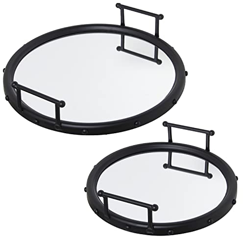 Set mit 2 runden Tabletts aus Metall und Spiegel, Mattschwarz, 47 x 9 cm und 40 x 9 cm, INT.41 und 33 cm von DRW