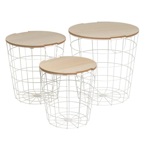 Set mit 3 Beistelltischen aus Metall und MDF in Weiß und Natur Set mit 3 Beistelltischen aus Metall und MDF in Weiß und Natur von DRW