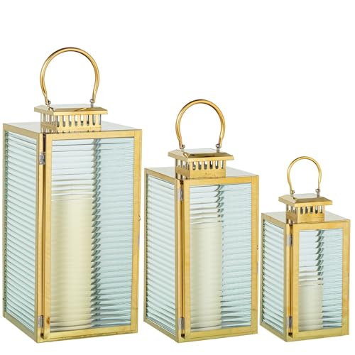 Set mit 3 Laternen aus Metall, für Boden oder Tisch, verchromt, goldfarben, 14 x 15 x 30 + 18 x 19 x 39 + 22 x 23 x 48 cm Set mit 3 Laternen aus Metall, für Boden oder Tisch, verchromt, goldfarben, 14 x 15 x 30 + 18 x 19 x 39 + 22 x 23 x 48 cm von DRW