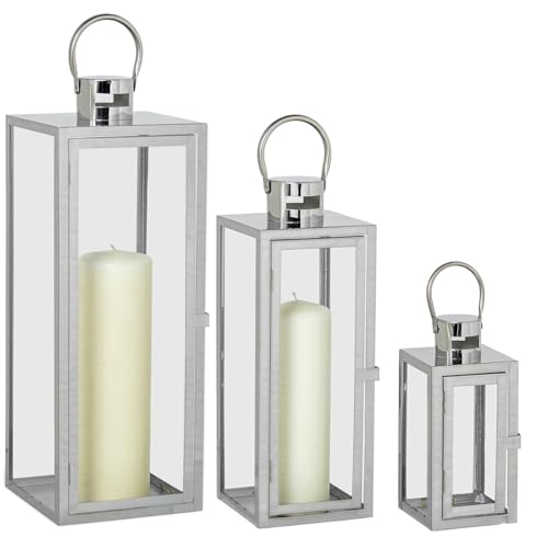 DRW Set mit 3 Laternen für Boden oder Tisch, Kerzenhalter aus verchromtem Metall, 10 x 10 x 23 + 14 x 14 x 39 + 18 x 18 x 49 cm DRW Set mit 3 Laternen für Boden oder Tisch, Kerzenhalter aus verchromtem Metall, 10 x 10 x 23 + 14 x 14 x 39 + 18 x 18 x 49 cm von DRW