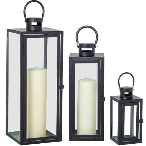Set mit 3 Laternen für Boden- oder Tischkerzen, aus schwarzem Metall, 10 x 10 x 23 + 14 x 14 x 39 + 18 x 18 x 49 cm Set mit 3 Laternen für Boden- oder Tischkerzen, aus schwarzem Metall, 10 x 10 x 23 + 14 x 14 x 39 + 18 x 18 x 49 cm von DRW