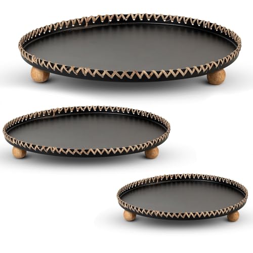 Set mit 3 runden dekorativen Tabletts aus Metall mit Holzbeinen in Schwarz und Natur, Ø 30 x 4 cm, Ø 25 x 4 cm, Ø 20 x 4 cm von DRW