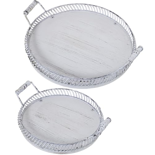 Set von 2 runden Metalltabletts mit Holzgriff in Weiß, 39 x 39 x 8,5 cm von DRW