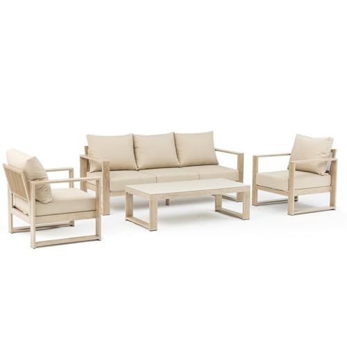 Sofa-Set Couchtisch und 2 Sessel aus Aluminium und Seil in Beige, 70,5 x 44,5 x 157 cm von DRW