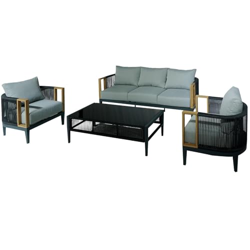Sofa-Set Couchtisch und 2 Sessel aus Polyester und Aluminium in Schwarz und Grau, Sessel: 74 x 74 x 66 cm, Sofa: 198 x 74 x 66 cm, Tisch: 128 x 60 x 41 cm von DRW