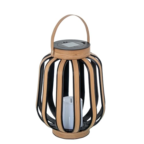 Solarlaterne für den Tisch oder Boden aus Holz und schwarzem Metall, mit LED-Kerze 24 x 24 x 45 cm von DRW
