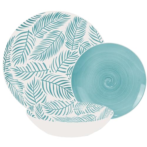 Tafelservice 18-teilig Porzellan mit blauen Blättern 27x27x4 cm von DRW