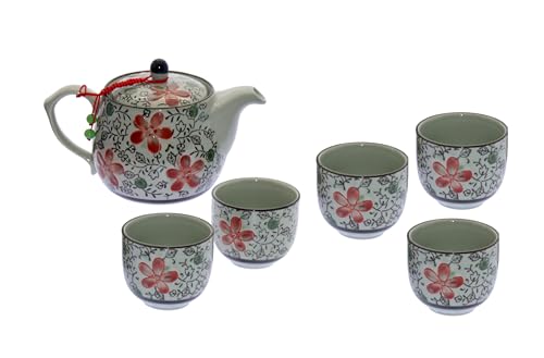 Tee-Chineset mit Teekanne und fünf Keramikschalen mit roten Blumen Teekanne 500 ml von DRW