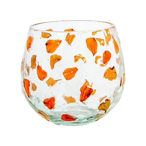 DRW Teelichthalter aus Glas mit Blättern in Transparent und Orange, 10 x 10 x 9 cm von DRW
