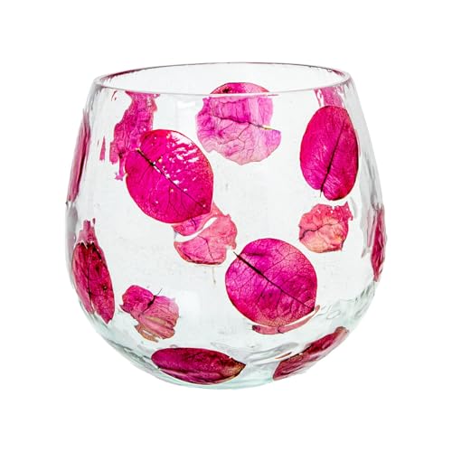 Teelichthalter aus Glas mit Blättern in Transparent und Rosa, 10 x 10 x 10 cm von DRW