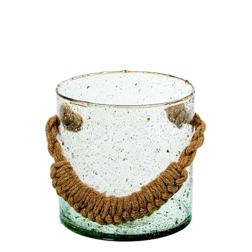 Teelichthalter aus Glas mit Seilgriff in Transparent und Natur, 15 x 15 x 15 cm von DRW