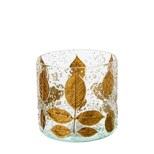 DRW Teelichthalter aus transparentem Glas mit goldenen Blättern, 11 x 11 x 10 cm von DRW
