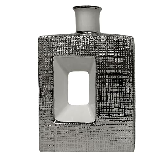 Tischvase aus Keramik mit Loch in Silber und Weiß, glänzend, 7 x 28 x 28 cm von DRW