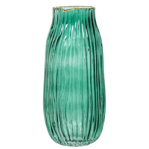Tischvase aus grünem Glas und Goldrand, 15 x 15 x 31 cm Tischvase aus grünem Glas und Goldrand, 15 x 15 x 31 cm von DRW