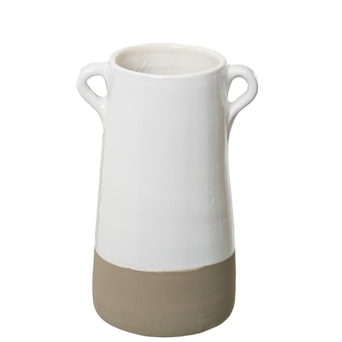 DRW Tischvase mit Keramikgriffen, Dunkelweiß, Glanz und Mattgrau, 13 x 13 x 25 cm von DRW