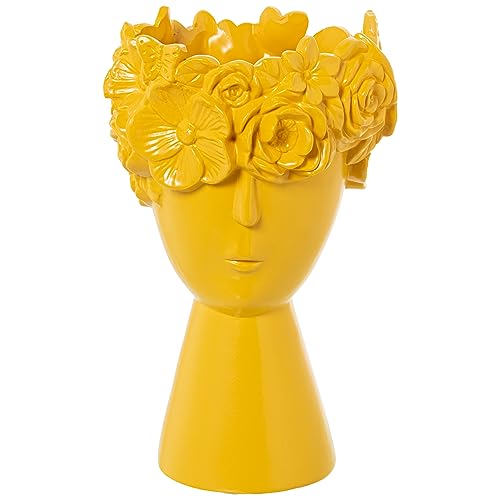 Vase mit Gesicht und Blumen aus Keramik, matt, Gelb, 17 x 28 cm, Sockel 11 cm von DRW