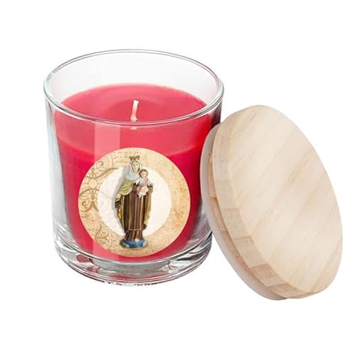 Virgin del Carmen rote Kerze Glas mit Deckel in Box mit Geschichte 7x7x8.5cm von DRW