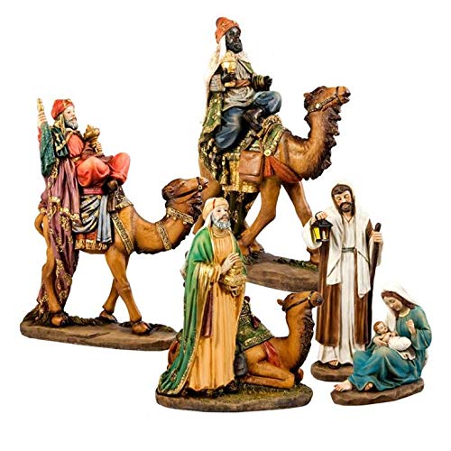 Weihnachtskrippe, 5-teilig, aus Kunstharz, mit Basis und König mit Kamel von 25 cm und Kamels 33 cm von DRW