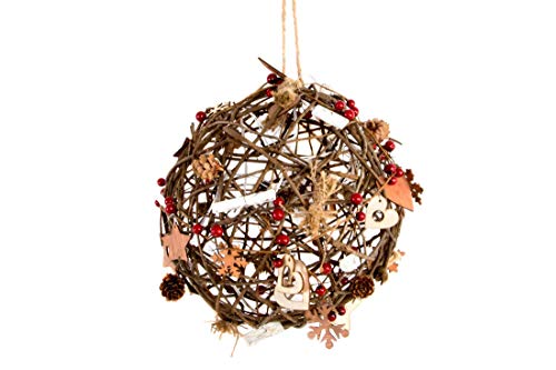 DRW Weihnachtskugel aus Rattan und Holz zum Aufhängen mit LED-Beleuchtung, 12 x 8 x 33 cm von DRW