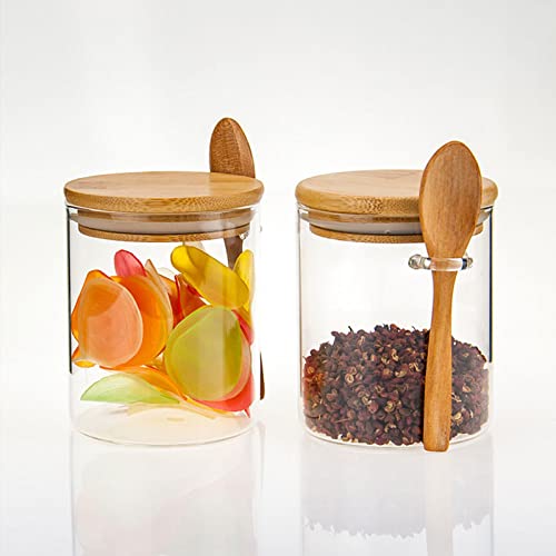 DRYFAL Set mit 2 luftdichten Glasdosen mit Bambusdeckel und Bambuslöffeln, 473 ml, Glasbehälter, Lebensmittelaufbewahrungsbehälter, transparente Glasbehälter, Küchenorganisation, Gläser von DRYFAL