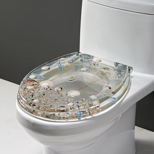DRYFAL WC Sitz Klobrille Transparent Mit Mit Seestern- Und Muschelmuster, Toilettendeckel Mit Absenkautomatik, Klodeckel Aus Kunsthar, 3.9 Kg Schwer, Edelstahlscharniere, Abnehmbar,36 * 42Cm,Shells von DRYFAL