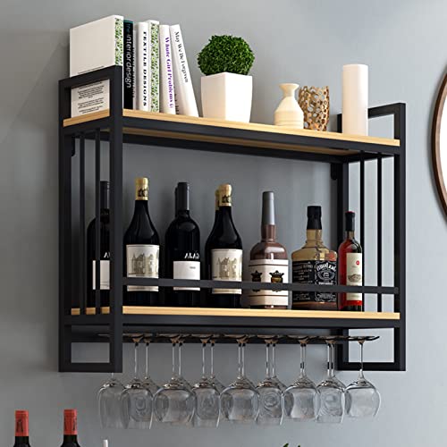 DRYIC An der Wand montiertes Weinregal mit Holzbrett, Weinflaschenhalter aus schwarzem Eisen und hängendem Glas-Stielglas-Becherregal, Lagerung von Weinregalen (80x20x61cm) von DRYIC
