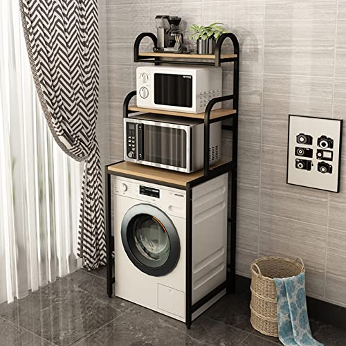 DRYIC Waschmaschinen-Aufbewahrungsrahmen, bodenstehend für über der Toilette, gebogener Rahmen aus Kohlenstoffstahl, Wäscheständer, 3-stufiger Balkon, Trommel-Waschständer, Badezimmer/Weiß (Black) von DRYIC