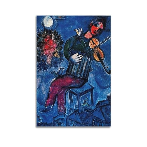DryNda Marc Chagall Poster The Blue Fiddler Wandkunst Bild Gemälde Leinwand Drucke Kunstwerke Schlafzimmer Wohnzimmer Dekor 60 x 90 cm von DRYNDA