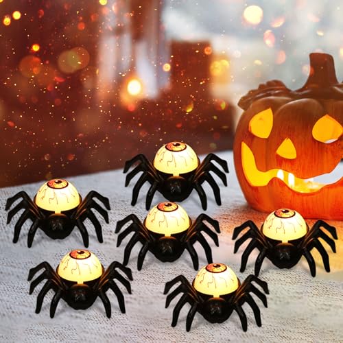 DRomance Flammenlose flackernde Halloween-Kerzenlichter, batteriebetrieben mit 6-Stunden-Timer, gruselige Spinne, rote Augäpfel, niedliche Halloween-Dekoration für den Innenbereich (6 Stück, 7,1 x 8,9 von DRomance