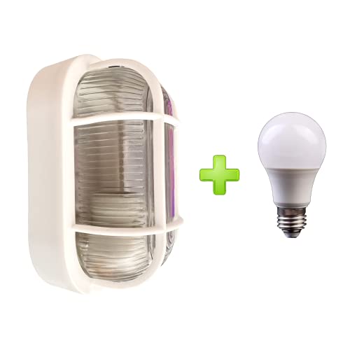 DS-Lux Kellerlampe E27 Feuchtraum Ovalleuchte mit Schutzgitter Deckenleuchte Feuchtraumleuchte Wandleuchte Gartenlampe Garagenleuchte | Werkstattleuchte für Innen- und Aussen (Weiß + LED Lampe 9w) von DS-Lux