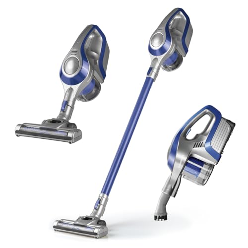 CLEANmaxx Akku-Zyklon-Staubsauger beutellos mit Akku | 2-in-1 Handstaubsauger, elektrisch rotierende Power-Rotation Düse | Energiesparen, 150 Watt [Blau/Grau] von CLEANmaxx
