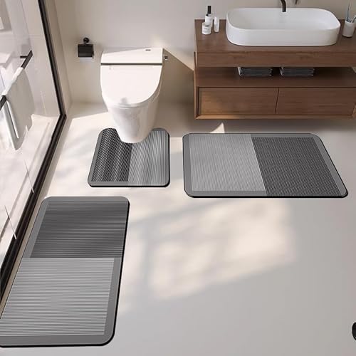 3-teiliges Badematten-Set – Kieselgur-Badematten im europäischen klassischen Stil, wasserabsorbierende Badematten mit U-förmigem WC-Vorleger, rutschfeste Gummi-Rückseite, waschbarer Teppich für von DSAoTeng