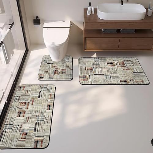 3-teiliges Badematten-Set – Kieselgur-Badematten im europäischen klassischen Stil, wasserabsorbierende Badematten mit U-förmigem WC-Vorleger, rutschfeste Gummi-Rückseite, waschbarer Teppich für von DSAoTeng