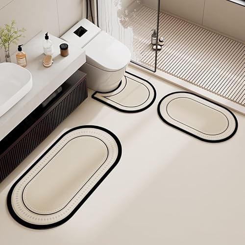Badematten-Set, 3-teilig, Kieselalgen-Schlamm, Badezimmerteppiche mit U-förmigem WC-Vorleger, rutschfest, schnell trocknend, dünn, waschbar, gestreifte Fußmatten für Badezimmer, Schlafzimmer, Küche von DSAoTeng