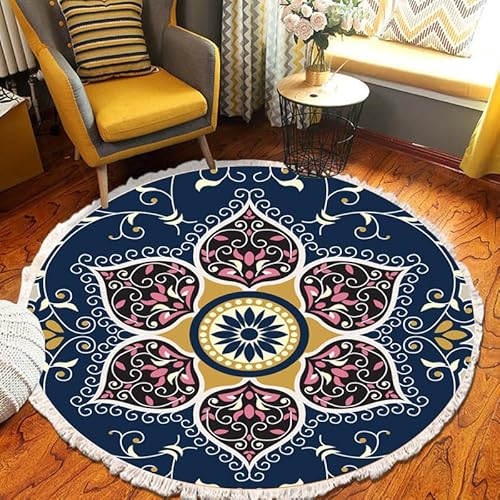 Boho-Teppich mit Quasten, modern, Baumwolle, gewebt, kreisförmig, geometrisch, dekorativ, minimalistisch, Bodenmatte für Wohnzimmer, Schlafzimmer, Sofa, Yoga, Meditation (#12, 120 x 120 cm) von DSAoTeng