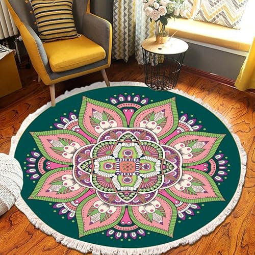Boho-Teppich mit Quasten, modern, Baumwolle, gewebt, kreisförmig, geometrisch, dekorativ, minimalistisch, Bodenmatte für Wohnzimmer, Schlafzimmer, Sofa, Yoga, Meditation (#3, 100 x 100) von DSAoTeng