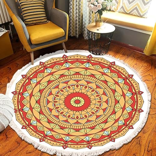 Boho-Teppich mit Quasten, modern, Baumwolle, gewebt, kreisförmig, geometrisch, dekorativ, minimalistisch, Bodenmatte für Wohnzimmer, Schlafzimmer, Sofa, Yoga, Meditation (#6, 100 x 100) von DSAoTeng